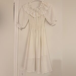 White Textured Smocked Midi Dress with Ruffle Collar